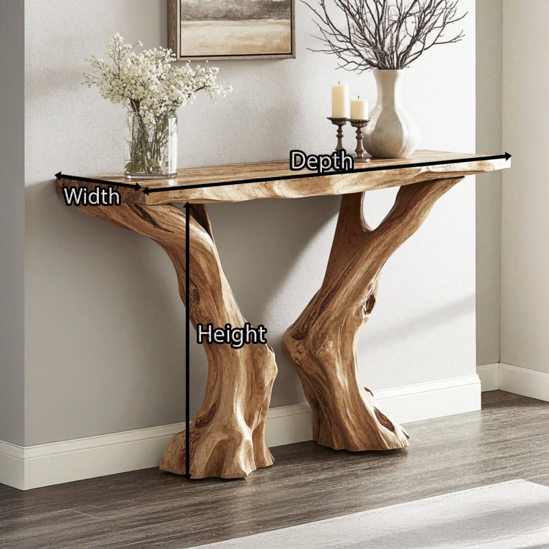 Console Table: Sculptural Tree Root Base, Live Edge Top.