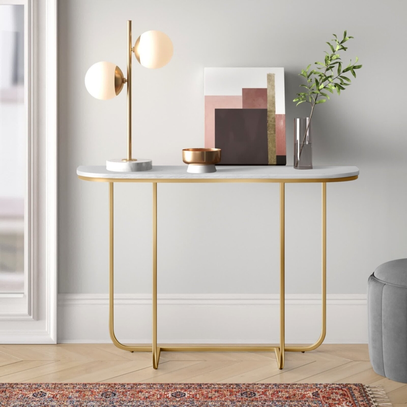 Console Table Semi-Oval Top Art Deco Brushed Finish Tubular Frame