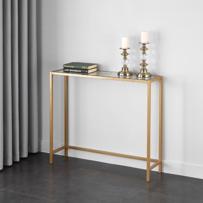Console Table Slim Profile Gold Finish Open Base Glass Top