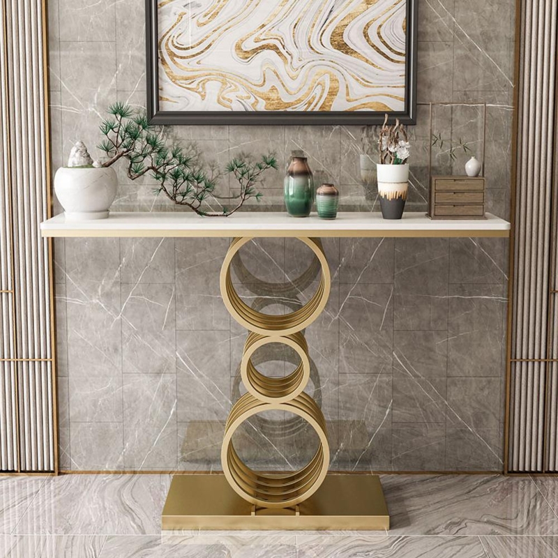 Console Table Stacked Rings Pedestal Base Gold Finish Glam Entryway