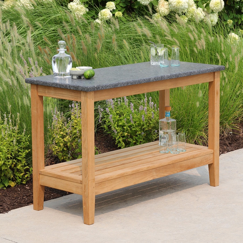 Console Table: Steel Gray Granite Top, Teak Frame, Slatted Lower Shelf.