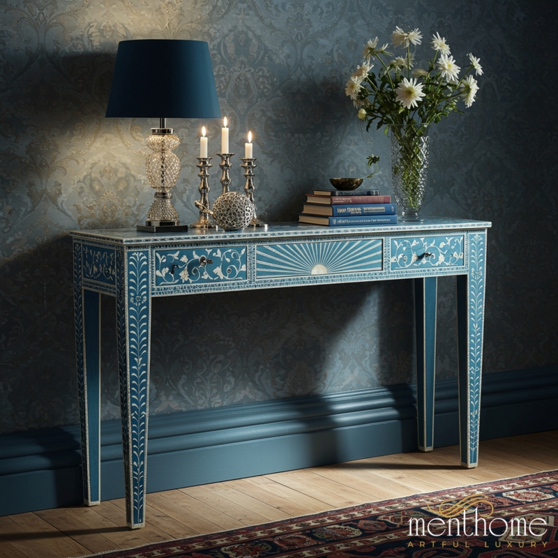 Console Table Sunburst Motif Teal Blue Floral Vine Patterns Global