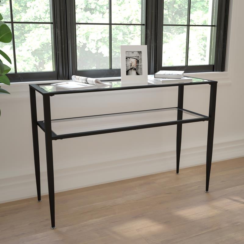 Console Table Tapered Legs Matte Black Two Tier Glass Shelf