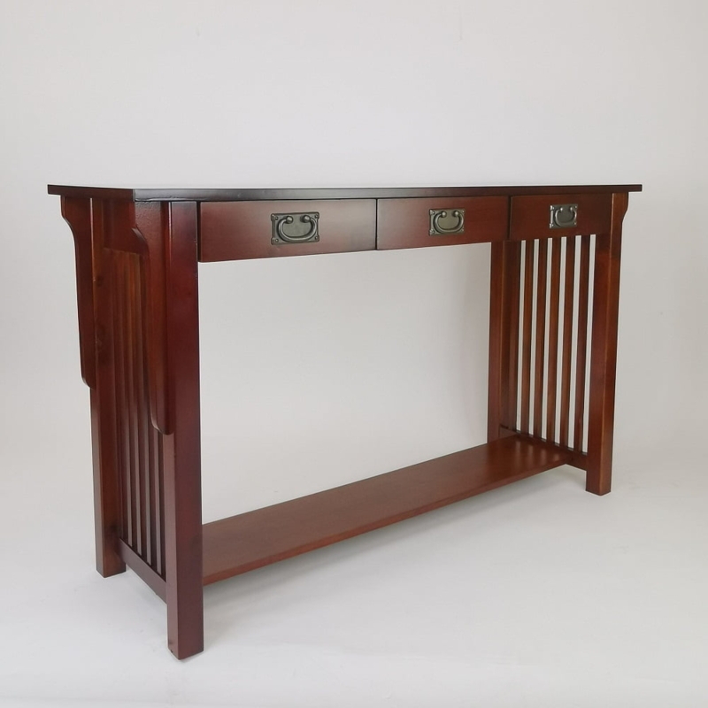 Console Table Three Drawers Reddish Brown Slatted Sides Bail Pulls