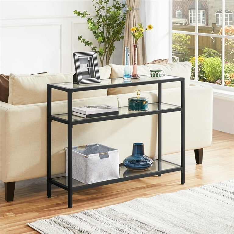 Console Table Three Tier Matte Black Tempered Glass Shelves