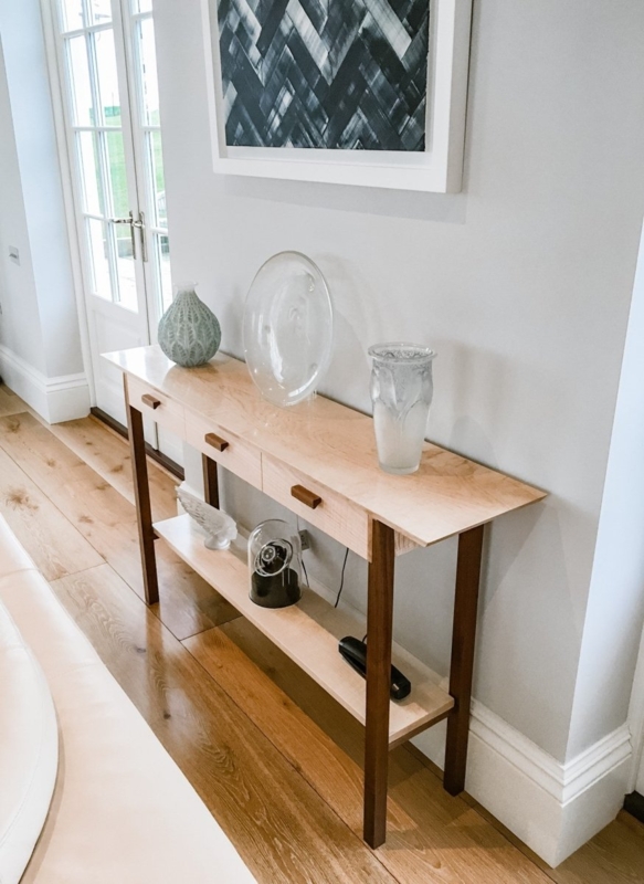 Console Table Tiger Maple Texture Two Tone Wood Walnut Legs Slim Profile