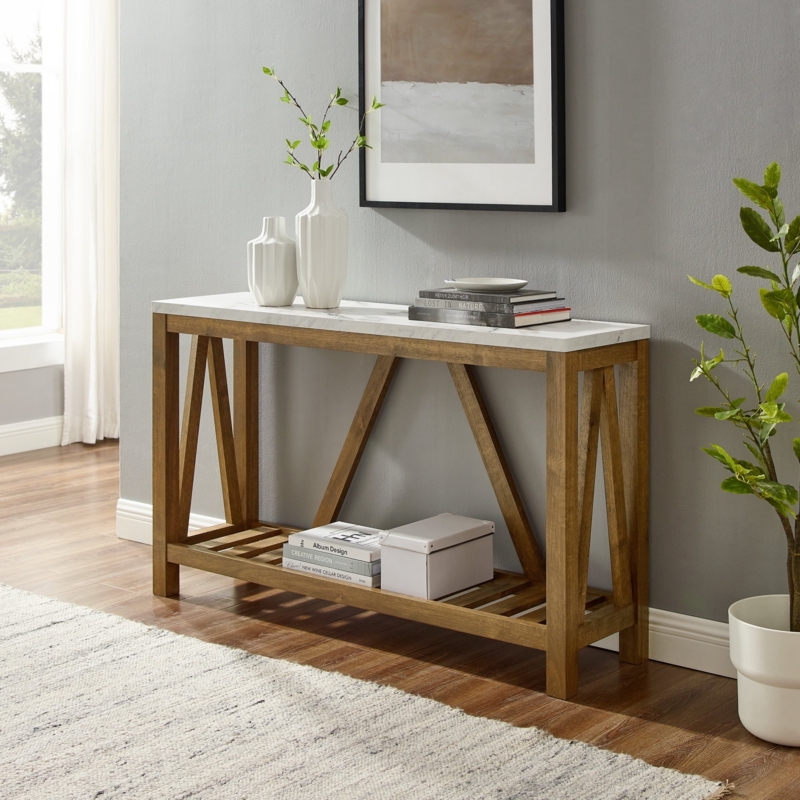 Console Table Trestle Base Walnut Tone Slatted Shelf Farmhouse