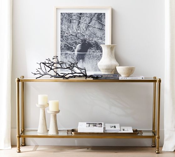 Console Table Two Tier Glass Gold Ringed Joints Modern Glam