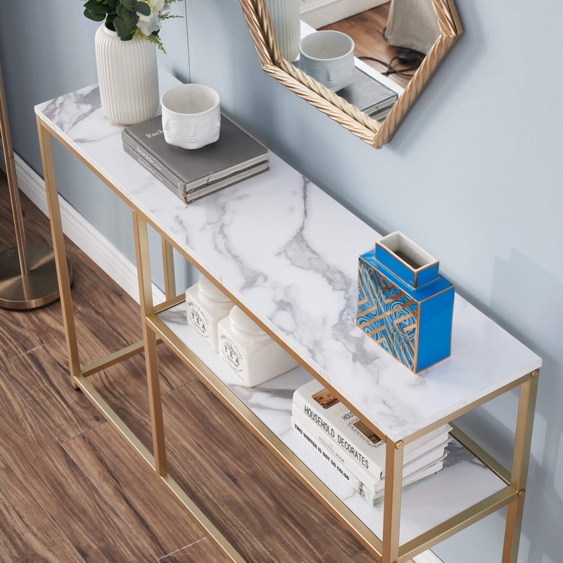 Console Table Two-Tier Marble Effect Shelves Polished Gold Frame Slim