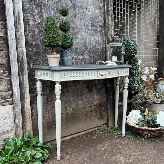Console Table Two Tone Finish Grey Gustavian Ornate Carved Apron