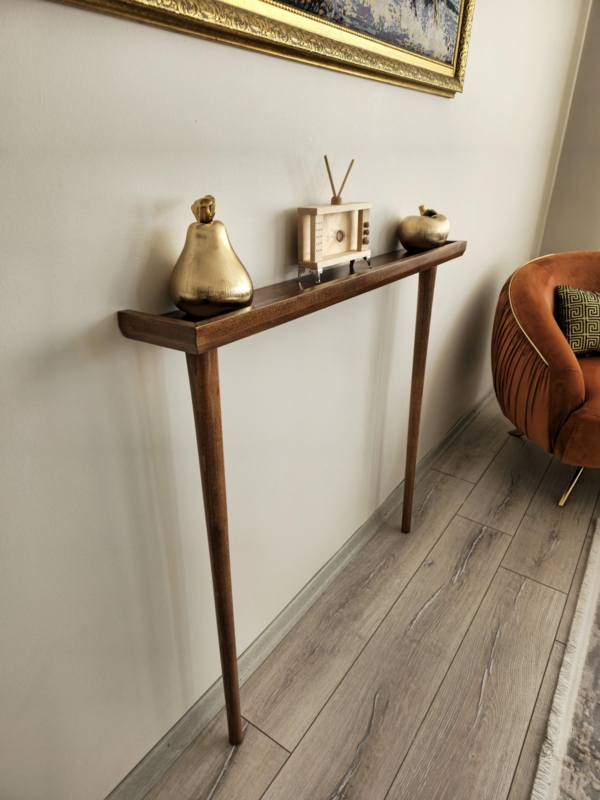 Console Table Ultra Narrow Tray Style Top Wall Leaning Walnut Finish