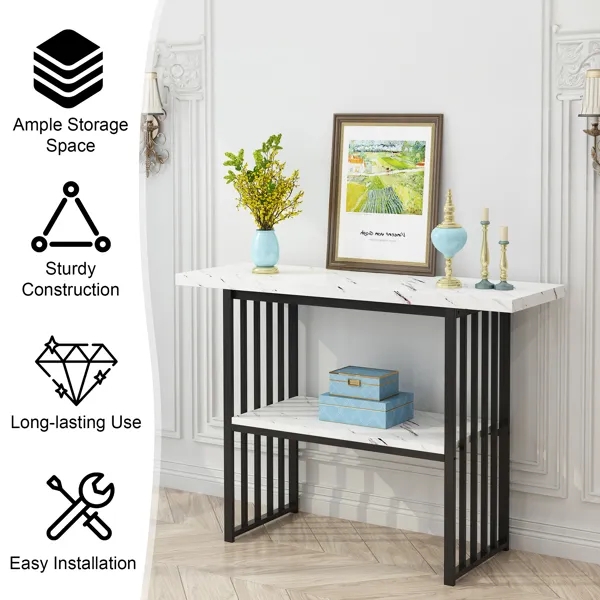 Console Table Vertical Slats Base Matte Black Frame Two-Tier Shelf
