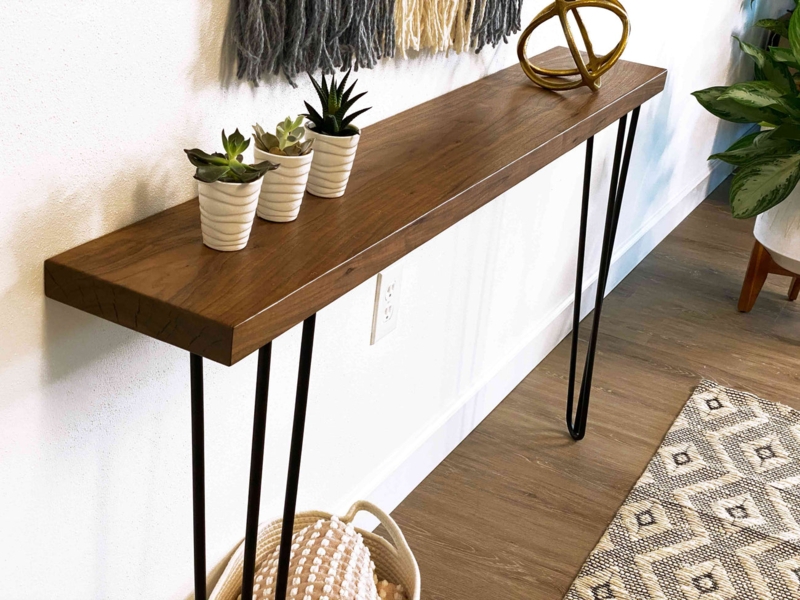 Console Table Walnut Brown Hairpin Legs Thick Wood Top Industrial