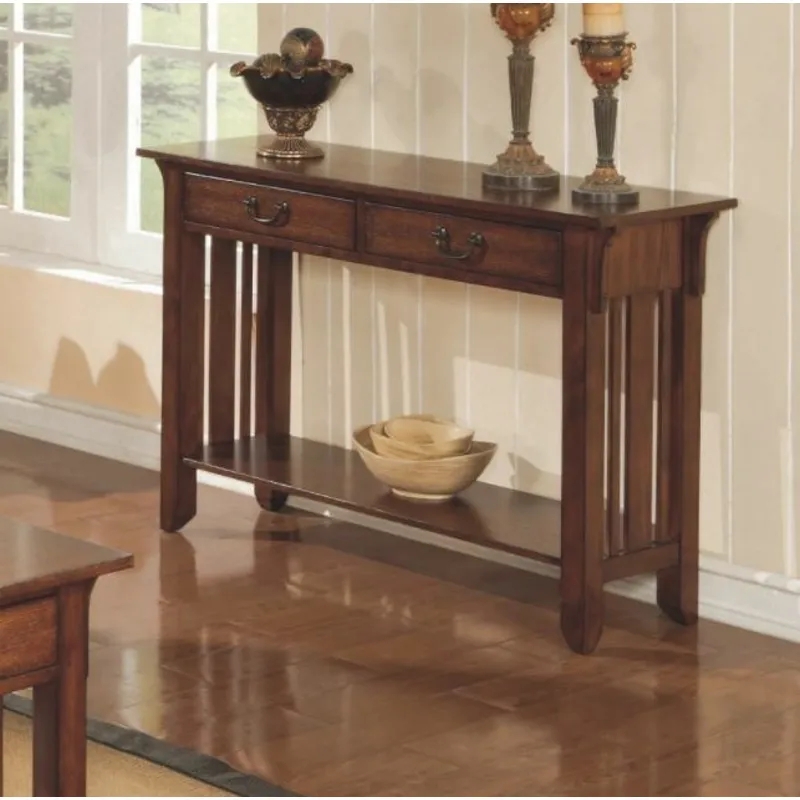 Console Table Warm Brown Mission Oak Finish Dual Drawers Craftsman