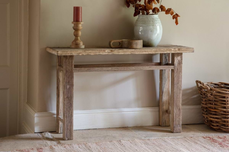 Console Table: Weathered Wood, Rough Hewn Edges, H-Stretcher.
