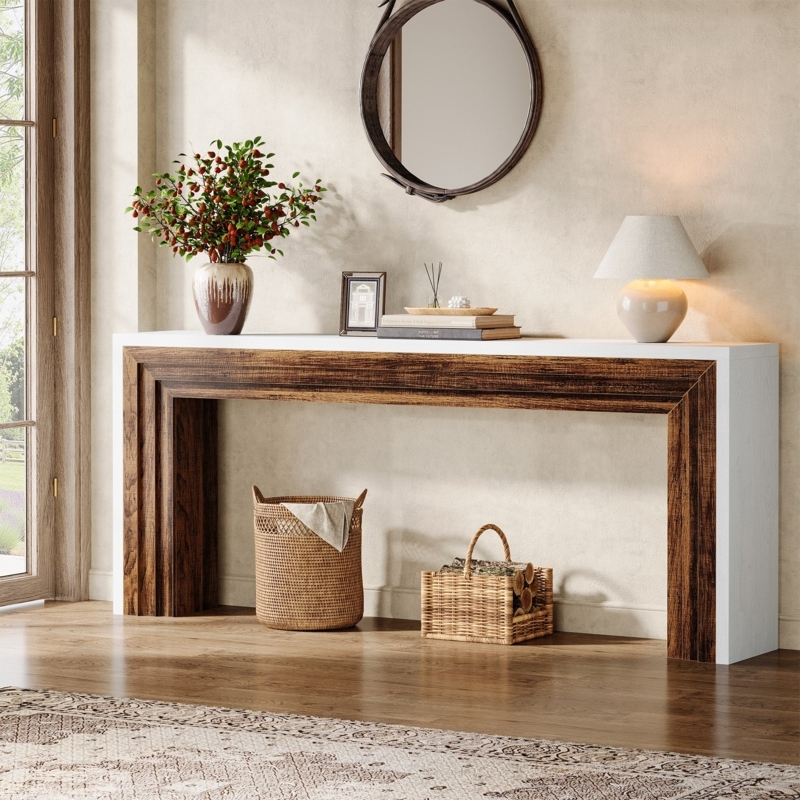 Console Table: White and Walnut Bicolor U-Shaped Frame.