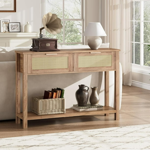 Console Table: Woven Cane Panels, Two Drawers, Slim Profile.