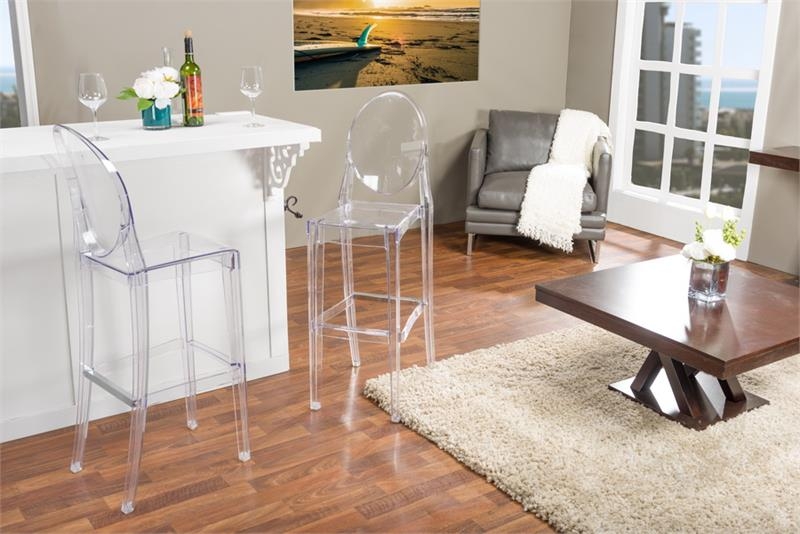 Contemporary Bar Stool with Armless Medallion Back in Clear Acrylic