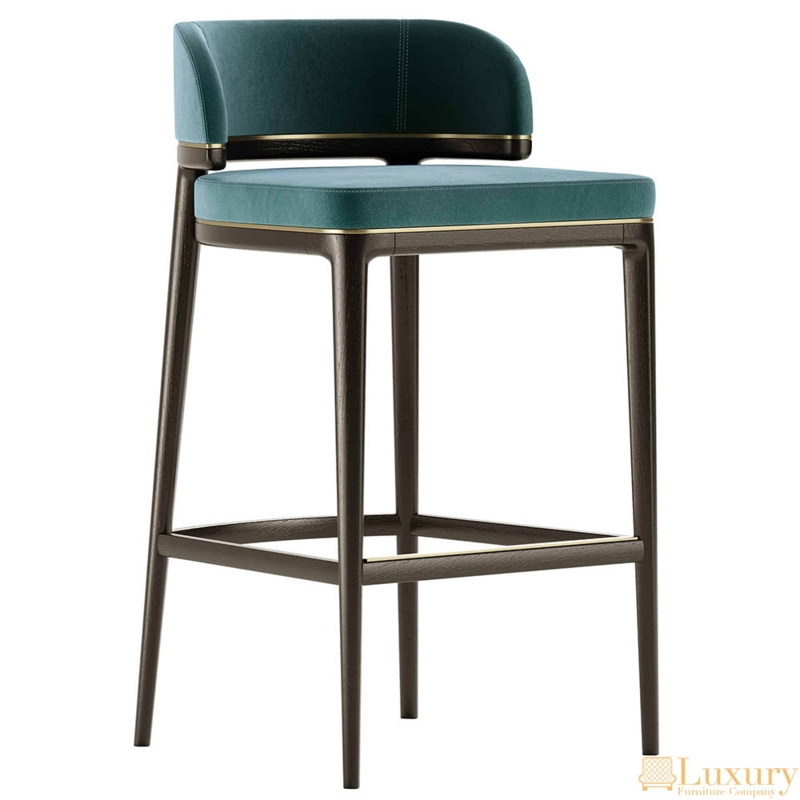 Contemporary Bar Stool with Gold Trim Inlay on Teal Fabric
