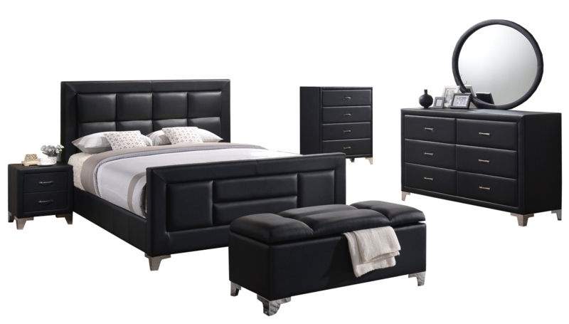 Contemporary Black Set: Grid Tufted Upholstery and Silver Block Feet