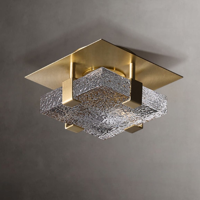 Contemporary Flush Mount Lighting with Square Textured Glass and Gold