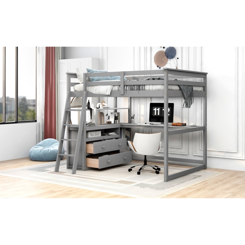 Contemporary Grey Loft Bed with Integrated Desk and Drawers