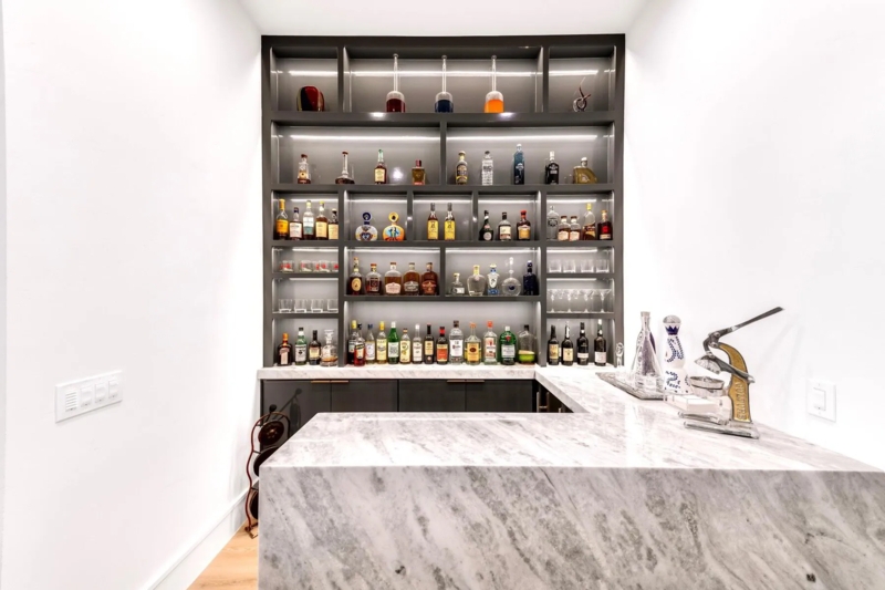 Contemporary Home Bar Waterfall Marble Island Recessed Alcove