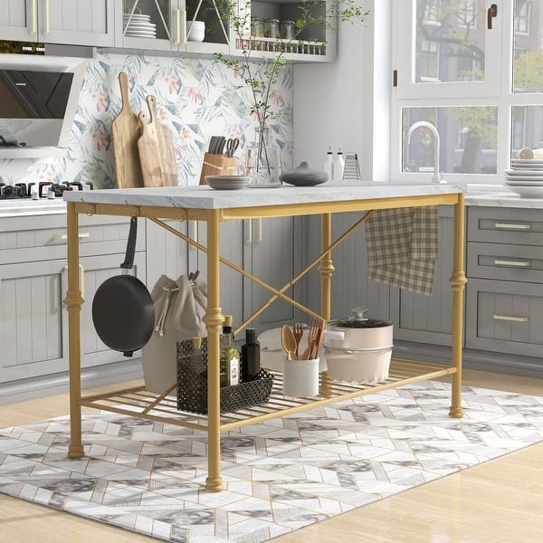 Contemporary Kitchen Island with Gold Metal Frame and White Marble Top
