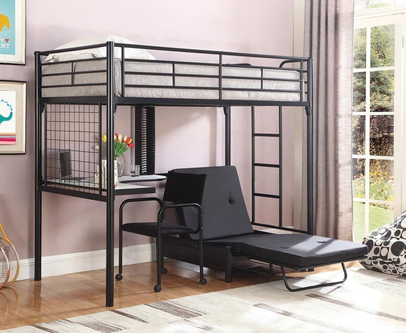 Contemporary Loft Bed Fold Out Futon Grid Panel Black Metal Frame