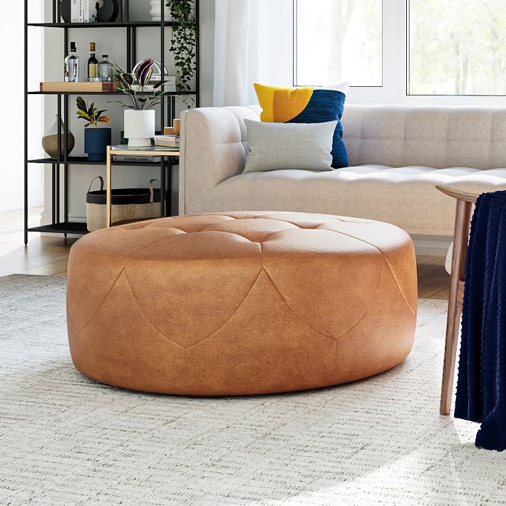 Contemporary Round Ottoman Warm Cognac Leather Quilted Top Pouf