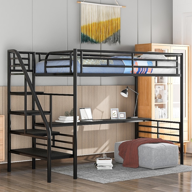 Contemporary Twin Loft Bed Side Staircase Desk Metal Frame