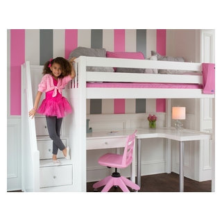 Contemporary White Loft Bed Storage Stairs L Shaped Desk