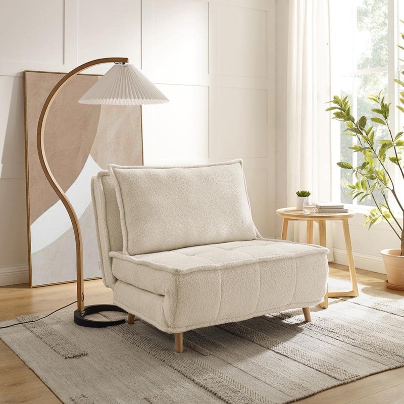 Convertible Chair Creamy White Faux Fleece Textured Grid Tufting