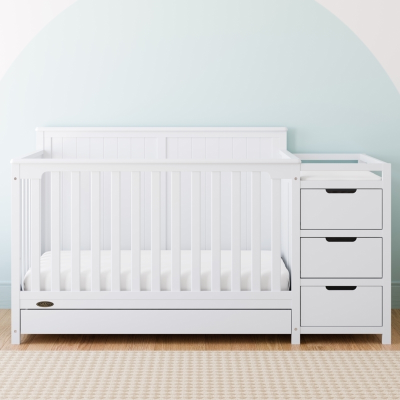 Convertible Crib Attached Changer Crisp White Nursery Storage Combo