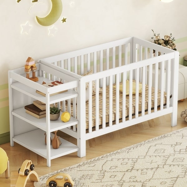 Convertible Crib Integrated Changing Table Matte White Storage Shelves