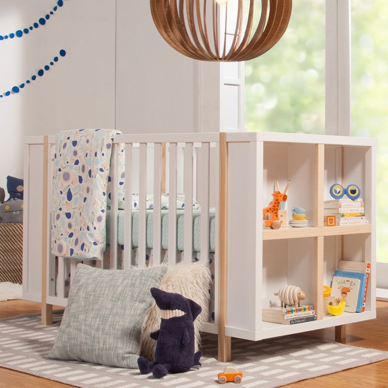 Convertible Crib Integrated Shelving Washed Natural Mid Century Style