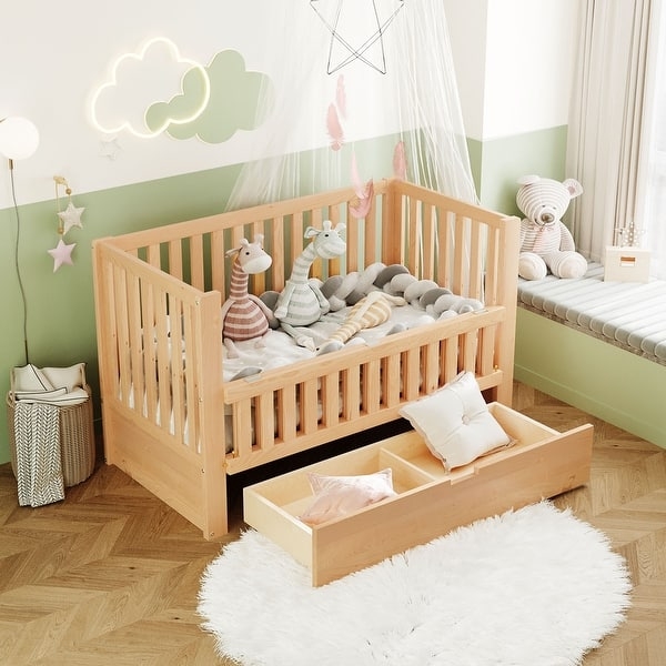 Convertible Crib Pull Out Drawer Natural Wood Scandinavian Style