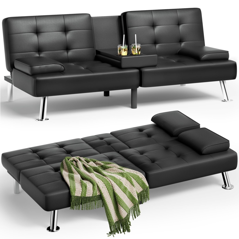 Convertible Futon Sofa Bed with Cup Holder Console and Bolster Pillows