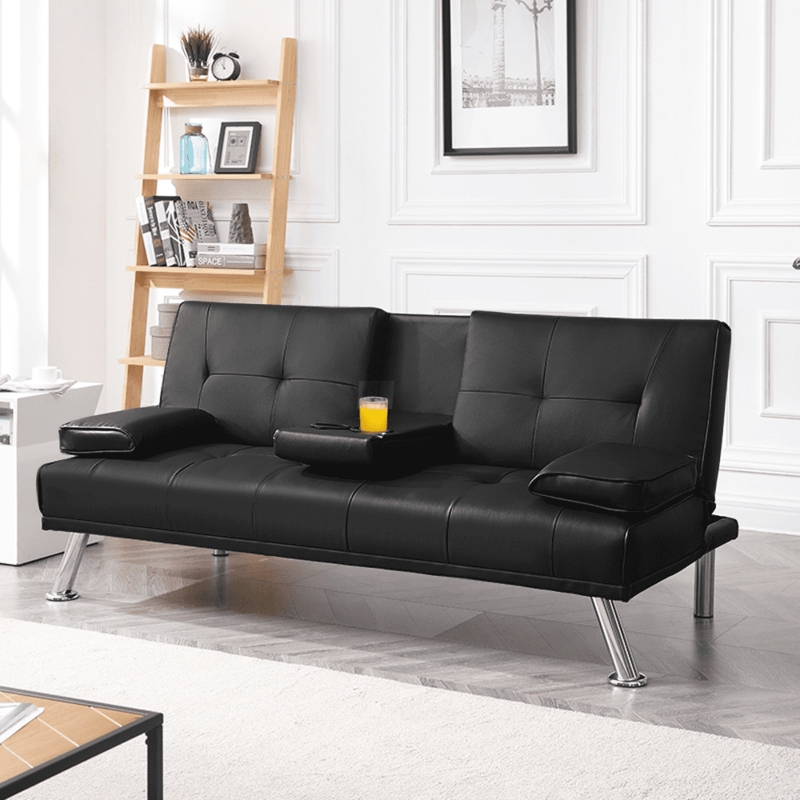 Convertible Futon Sofa with Drop Down Cup Holder and Chrome Legs