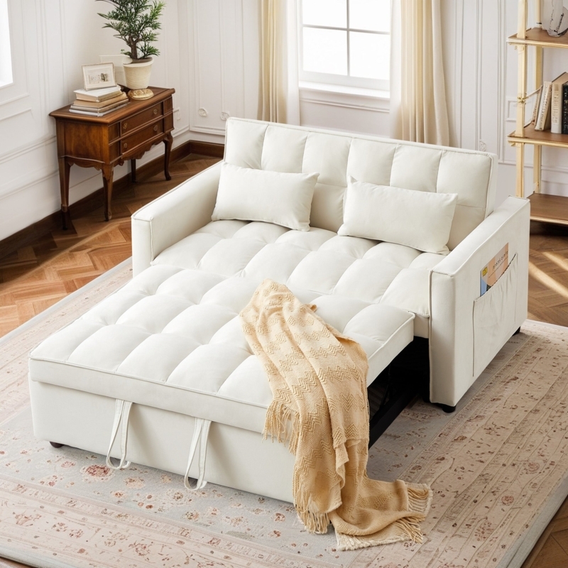 Convertible Loveseat with 3-In-1 Design and Tufted Cream Velvet Seat