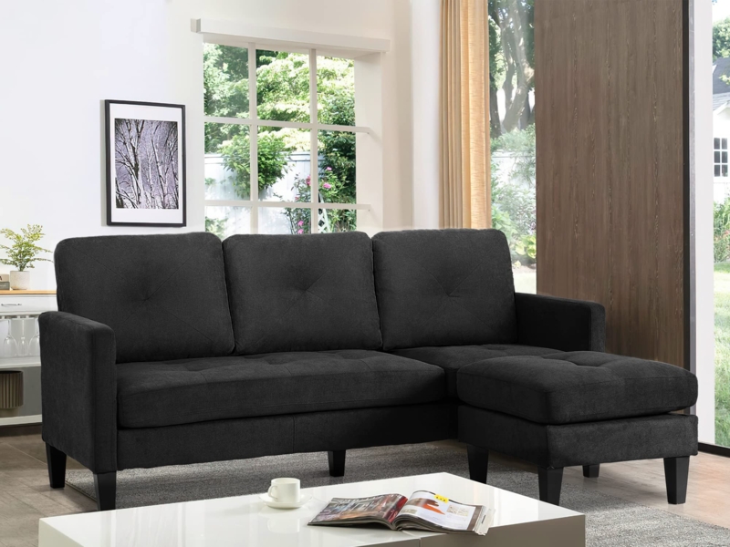 Convertible Sectional Sofa in Matte Black Fabric with Tufted Cushions