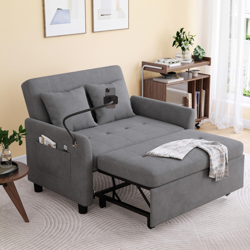 Convertible Sleeper Sofa with Integrated Phone Holder and Side Pocket