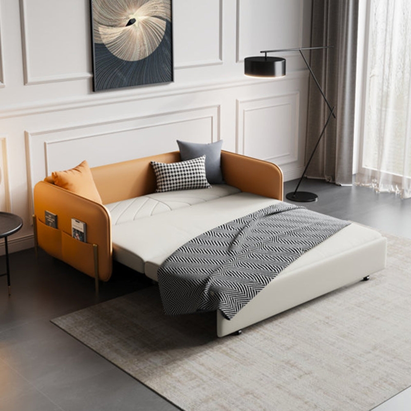 Convertible Sofa Bed, Two-Tone Ochre and Cream, Slender Gold Legs