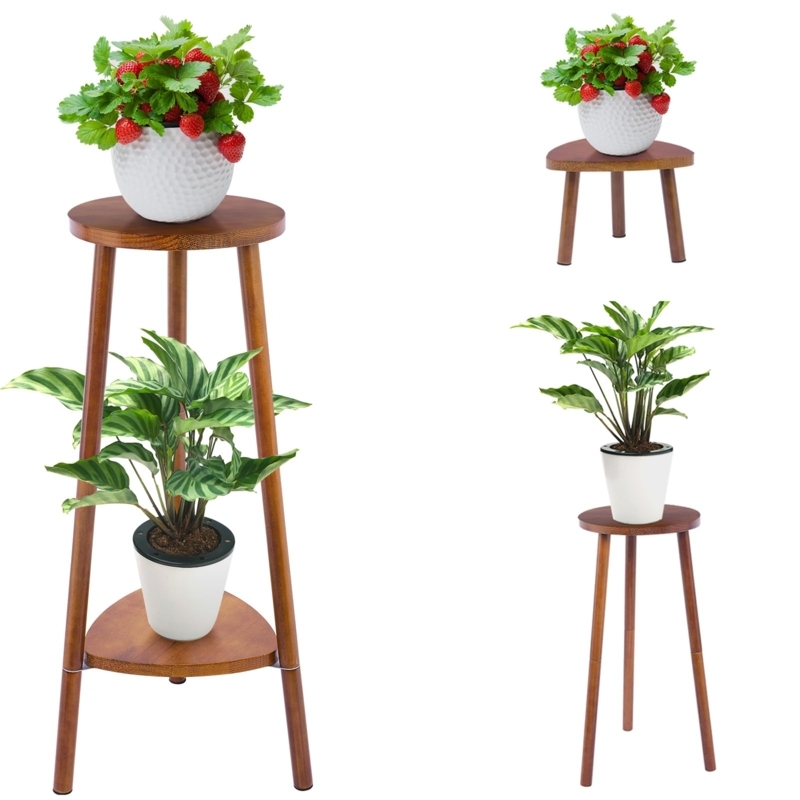 Convertible Tiered Plant Stand Tapered Legs Walnut Brown Round Top
