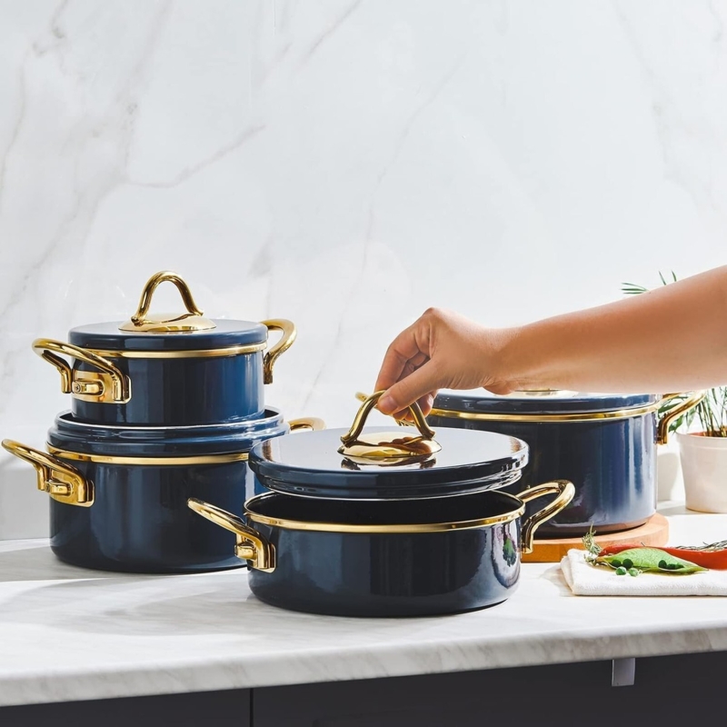 Cookware Set in Glossy Anthracite Blue with Gold Accent Handles