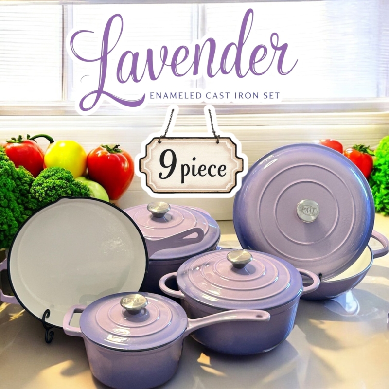 Cookware Set in Glossy Lavender Enamel with Concentric Rings