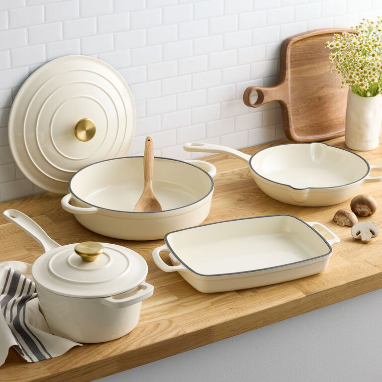 Cookware Set in Ivory with contrasting Black Rims and Gold Knobs
