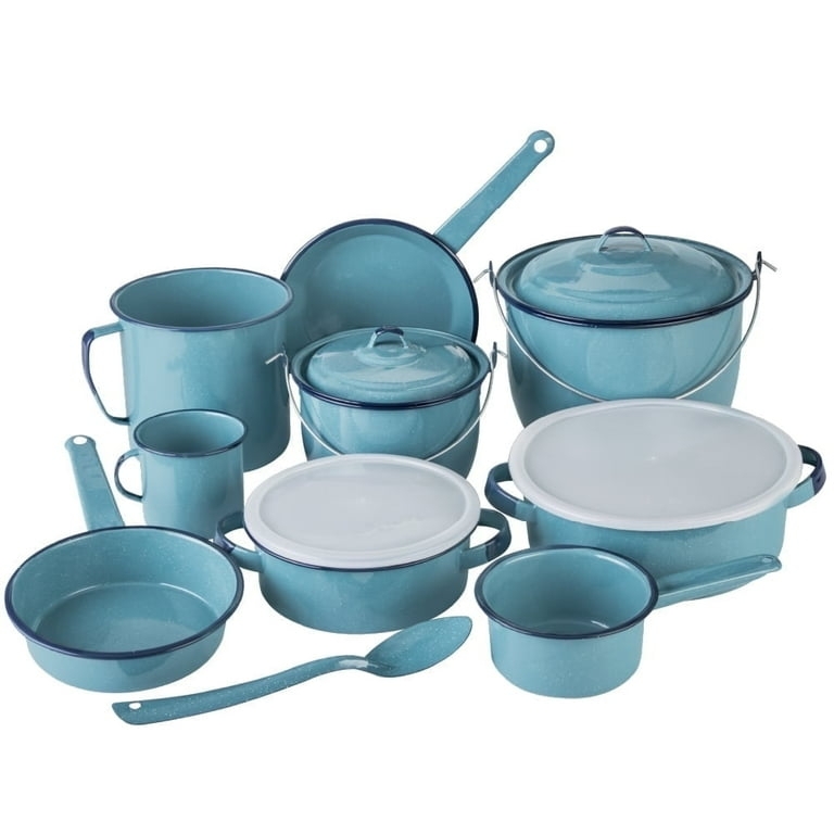 Cookware Set in Rustic Turquoise Speckled Finish with Bail Handles