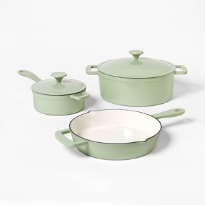Cookware Set in Satin Sage Green Enamel with Minimalist Loop Handles
