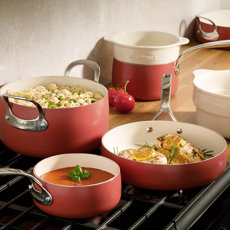 Cookware Set with Terracotta Ceramic Coating and Riveted Handles